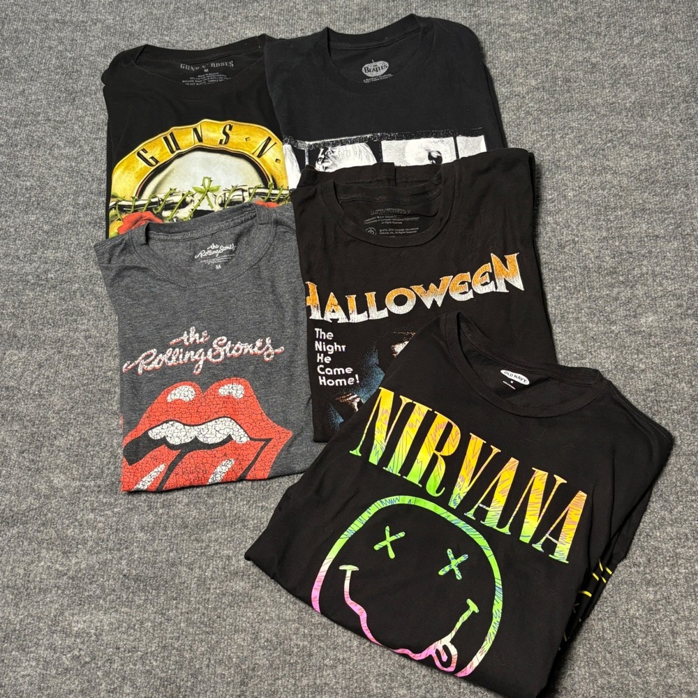 Band Graphic Shirt Bundle Lot of 5 Mens Med Nirvana Halloween R. Stones Beatles
